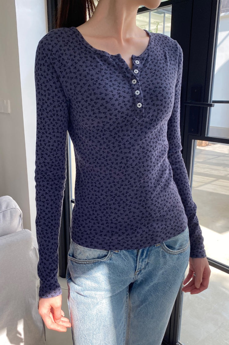 Ahern Floral Thermal Top | Navy Blue with Black Floral / S