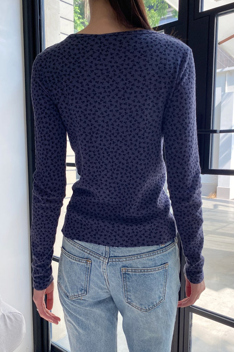 Ahern Floral Thermal Top | Navy Blue with Black Floral / S