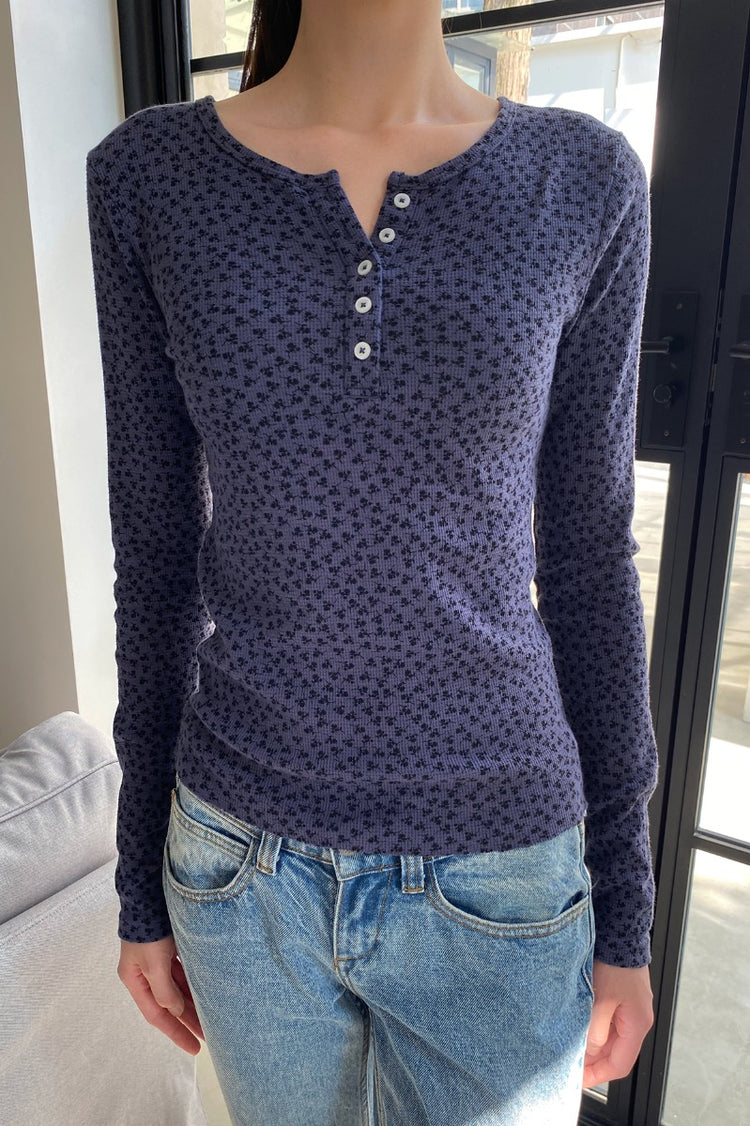 Ahern Floral Thermal Top | Navy Blue with Black Floral / S
