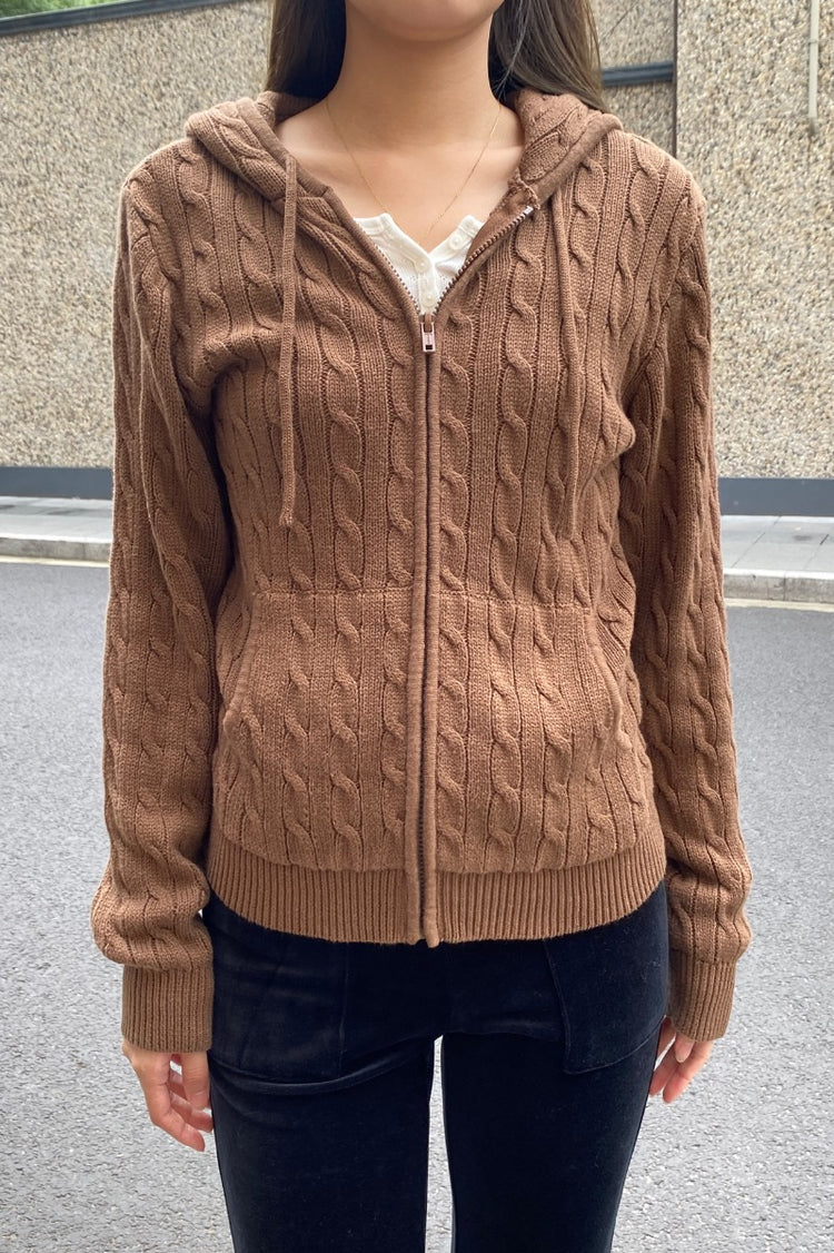 Ayla Cable Knit Zip-Up Sweater | Brown / Regular Fit